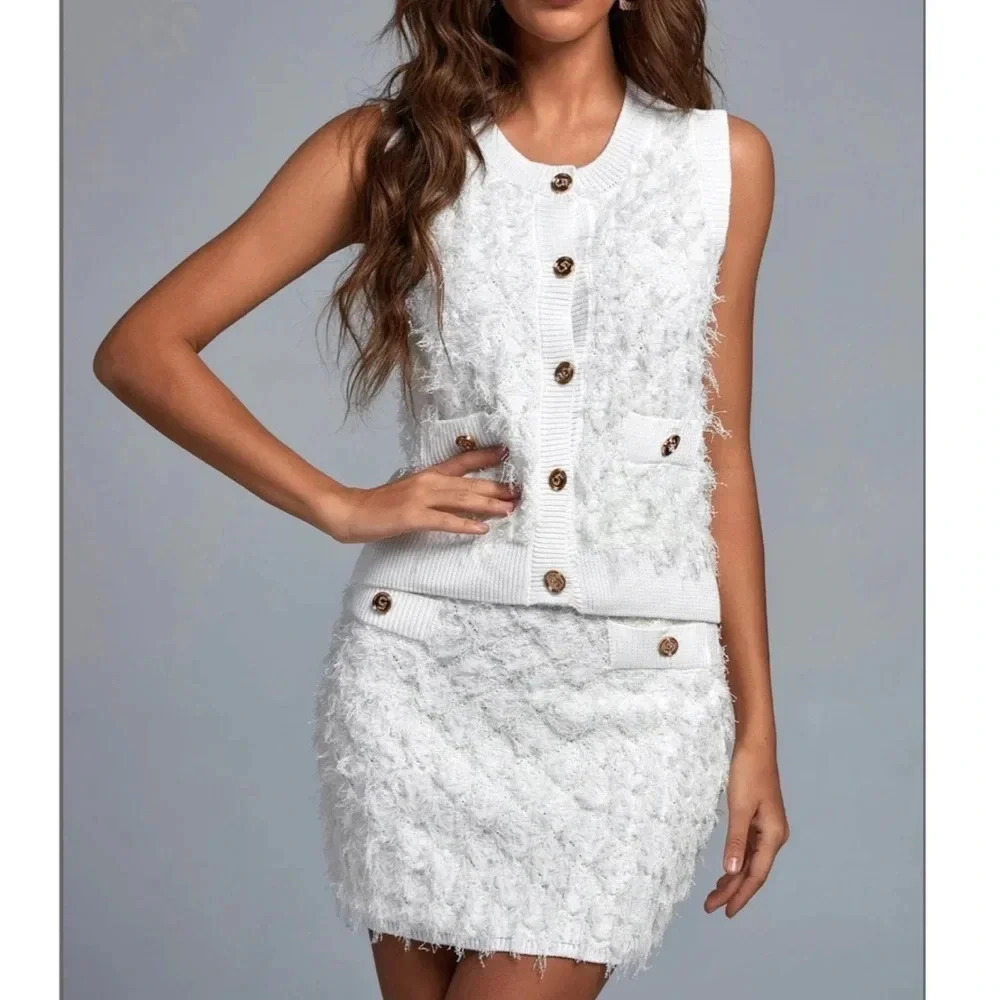 New Bella Barnett Pamano Skirt Set White Fluffy Sleeveless Mini Co-ord Classy